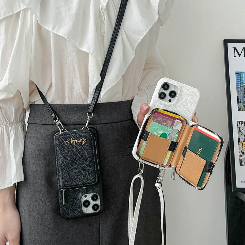 Personlig läderplånbok Crossbody telefonfodral för iPhone