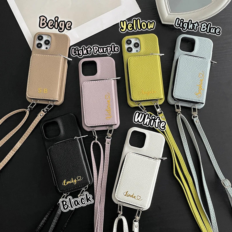 Personlig läderplånbok Crossbody telefonfodral för iPhone