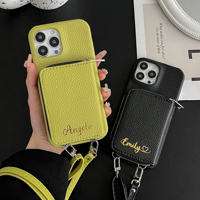 Personlig läderplånbok Crossbody telefonfodral för iPhone