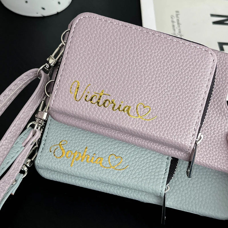 Personlig läderplånbok Crossbody telefonfodral för iPhone