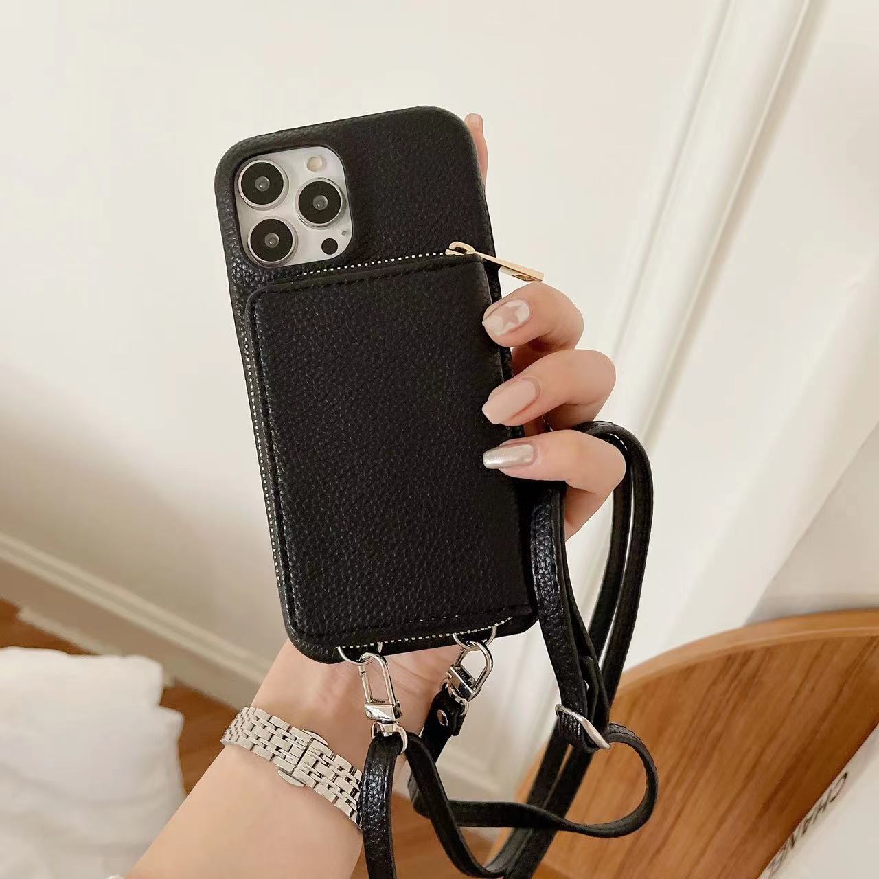 Personlig läderplånbok Crossbody telefonfodral för iPhone