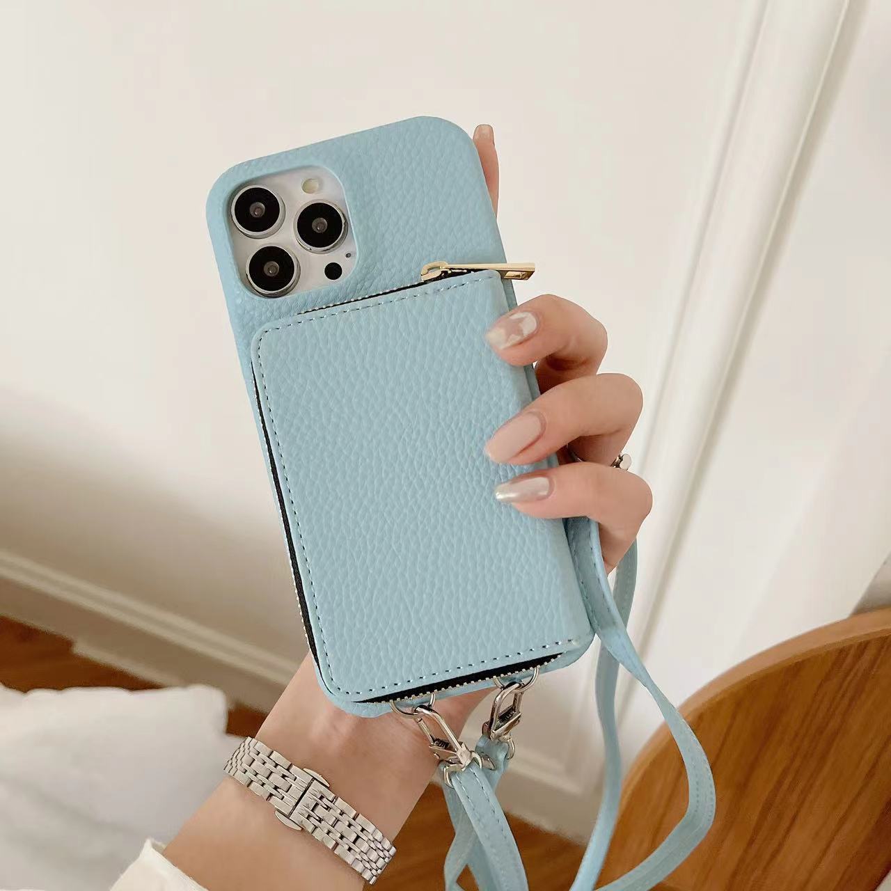 Personlig läderplånbok Crossbody telefonfodral för iPhone