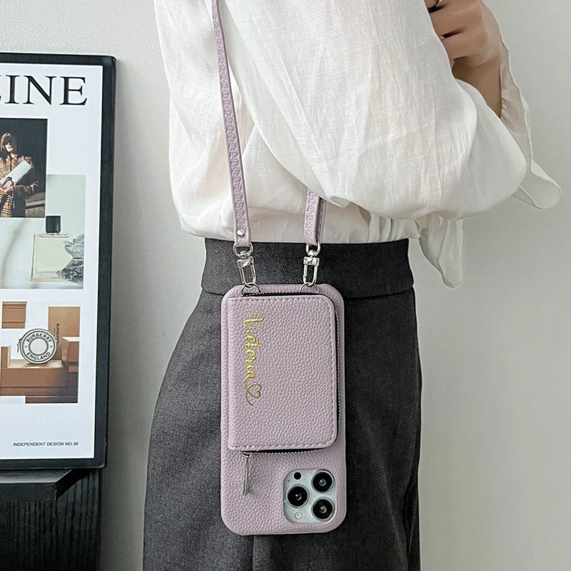 Personlig läderplånbok Crossbody telefonfodral för iPhone